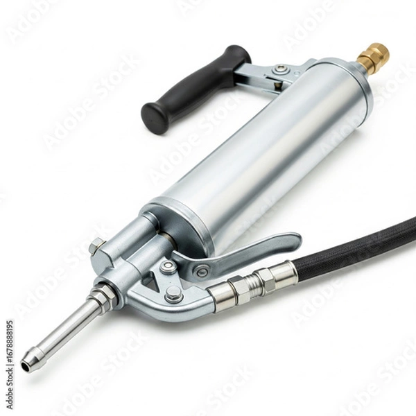 Fototapeta Manual hand-operated grease gun with a pistol grip handle and flexible hose for industrial lubrication, isolated on a white background
