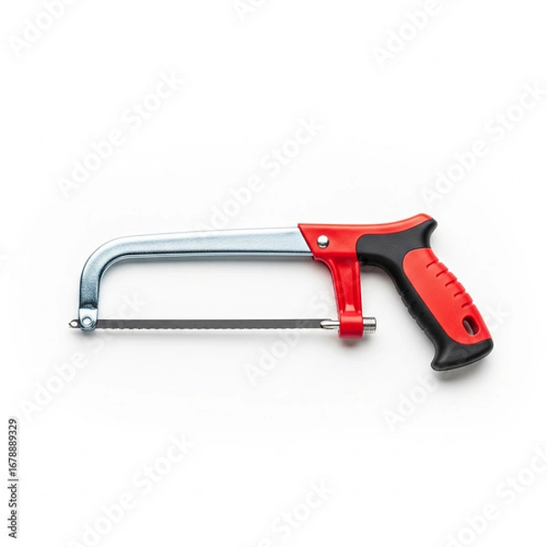 Fototapeta A professional manual hacksaw featuring a red and black ergonomic grip and a durable metal frame, an essential hand tool for cutting and construction, isolated on a white background