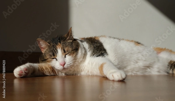 Obraz beautiful cute cat lying and sunbathing