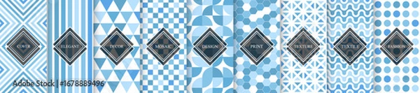 Fototapeta Collection of blue geometric seamless patterns. Tile mosaic endless textures. Bright vector repeatable backgrounds