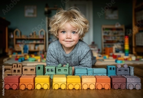 Fototapeta A child plays with colorful toys in a playroom.