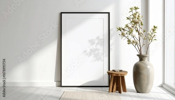 Fototapeta Sunlit minimalist home interior with a blank vertical poster frame mockup leaning against a white wall for showcasing art or photography