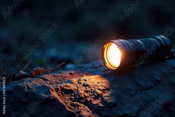 Fototapeta A powerful flashlight beam cuts through the darkness, illuminating a textured rock surface  Ideal for illustrating concepts of adventure, exploration, and survival , spotlight, light source