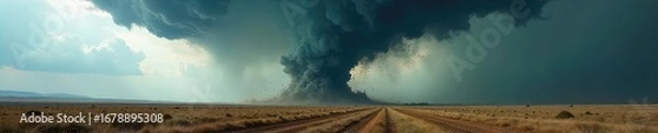 Fototapeta A powerful tornado tearing through a flat landscape, debris flying, dark clouds overhead, ominous and destructive weather event , dark clouds, threatening