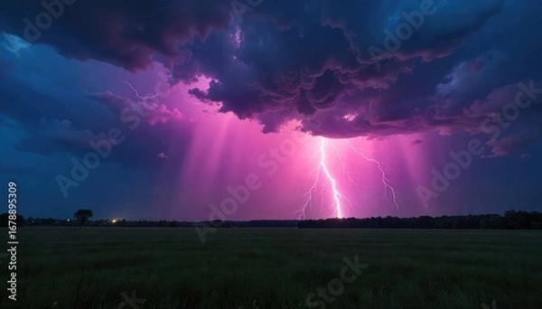 Fototapeta A powerful thunderstorm rages across a dark, dramatic landscape, with lightning illuminating the torrential rain and ominous clouds , nimbus, weather phenomena, threatening