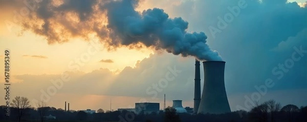 Fototapeta A power plant smokestack billowing dark smoke against a cloudy sky, illustrating the environmental impact of coal-fired electricity generation ,  environmental protection,  industrial scene