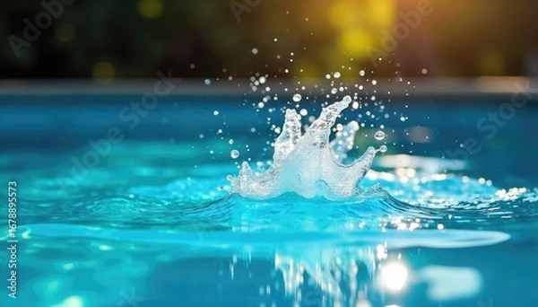 Fototapeta A refreshing burst of water droplets, splashing into a clear blue pool, sunlight reflecting off the surface Perfect for summer, relaxation, and nature themes , liquid, droplets
