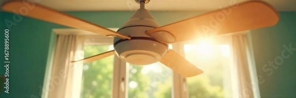 Fototapeta A refreshing summer breeze cools a rotating ceiling fan, its blades blurring slightly against a bright sunny window Perfect for summer, home, comfort, and relaxation imagery , minimalist, tropical