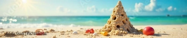 Fototapeta Meltdown! A Hilarious Sandcastle Ice Cream Cone Collapses on a Sunny Beach, Surrounded by Quirky Toys and Seashells - Summer Fun