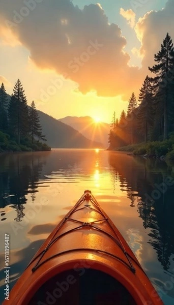 Fototapeta A serene kayaking scene on a calm lake at sunset, with golden light reflecting on the water and surrounding nature Perfect for leisure, travel, and outdoor adventure themes , nature, summer, evening