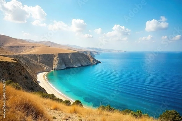 Fototapeta A serene landscape depicting the Galilee Sea, a significant site in Christian pilgrimage to Israel, with rolling hills and clear blue water under a peaceful sky ,  historical,  calm