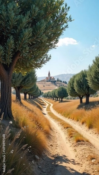 Fototapeta A serene landscape in Israel, depicting ancient olive trees and a distant church steeple, symbolizing the enduring connection between the land and Christian faith ,  olive trees,  serenity,  belief
