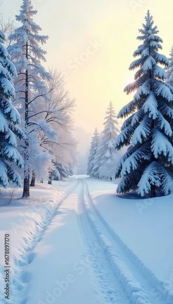 Fototapeta A serene winter landscape blanketed in snow, utterly silent under a pale January sky The air is still, the world hushed, a peaceful scene of pristine white , winter wonderland, stillness, serene