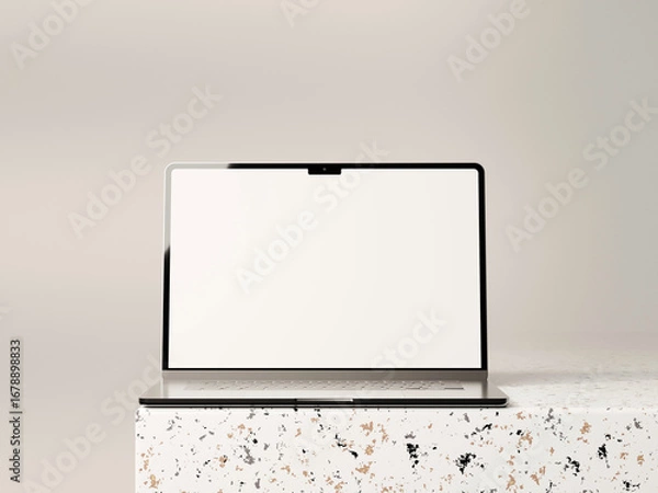 Fototapeta Laptop mockup with clean screen on a white surface, showcasing minimalist design.