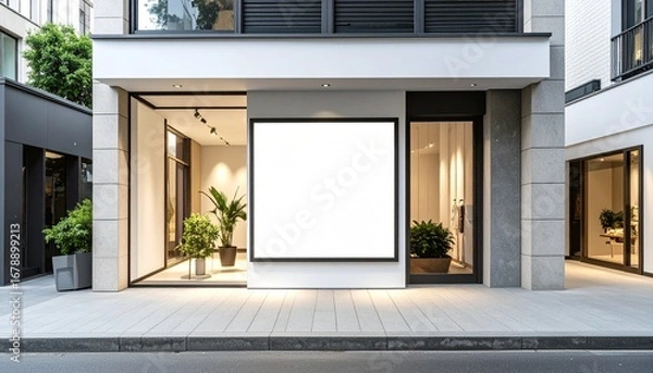 Fototapeta Blank square sign mockup on a modern retail store facade for advertising and branding display on a city street