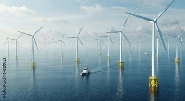 Fototapeta Offshore wind farm with turbines and service boat generating renewable energy at sea.
