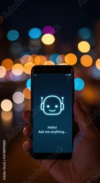 Fototapeta Smartphone screen with AI chatbot greeting message Hello Ask me anything