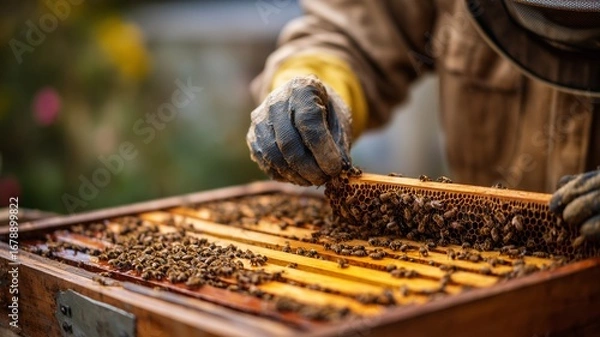 Fototapeta Bee keeper inspects honeycomb frames during a sunny day on a farm using sustainable farming practices
