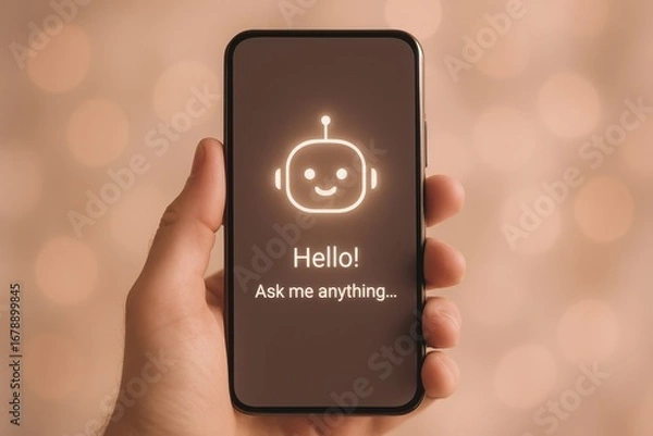 Fototapeta Smartphone screen with AI chatbot greeting message Hello Ask me anything