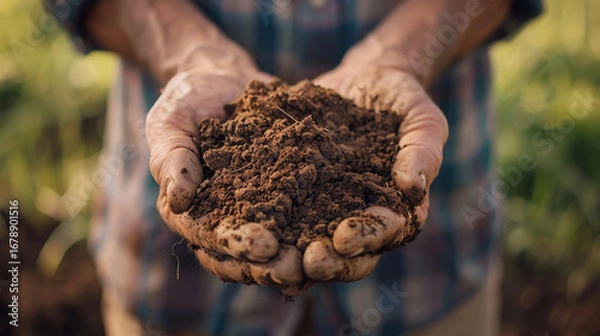 Fototapeta World Soil Day farmer holding soil in hands, agricultural sustainability, macro texture detail