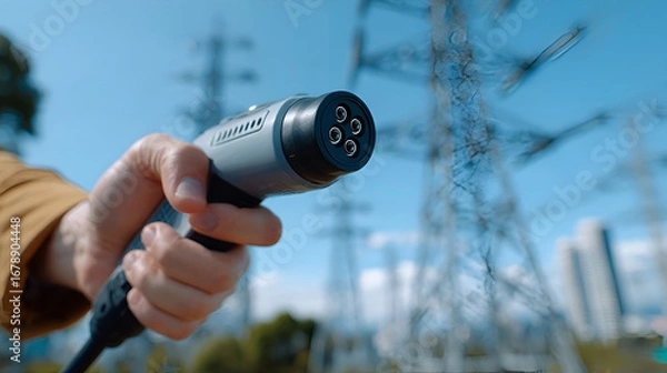 Fototapeta Man holding electric car charging plug ready to connect near power lines symbolizing sustainable energy future and innovation. Ai Generated Images