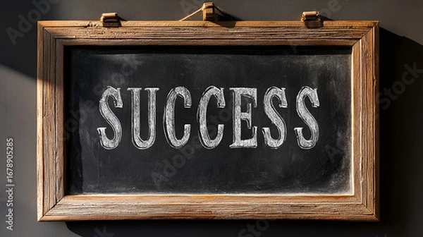 Fototapeta Inspiring 'SUCCESS' message hand-drawn in chalk on a rustic wooden blackboard, perfect for motivational business content and achievement themes. Ai Generated Images