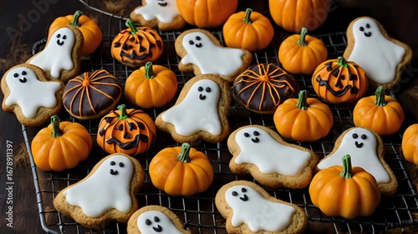 Fototapeta Assortment of cookies shaped like ghosts, bats, pumpkins, and spiders