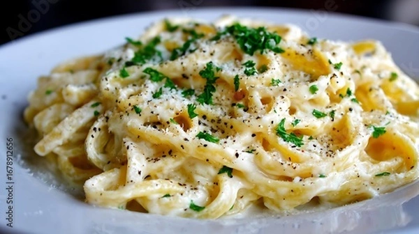 Fototapeta A plate of creamy fettuccine alfredo garnished with fresh parsley and black pepper, showcasing a rich and indulgent pasta dish.