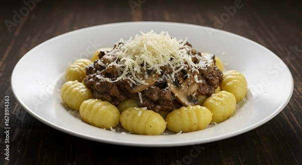 Fototapeta Gnocchi with Mushroom Sauce and Cheese on White Plate on Wood