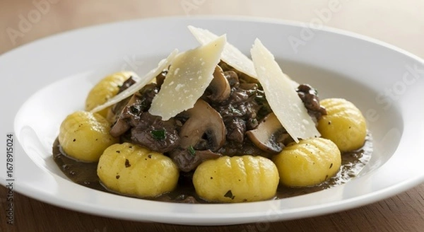 Fototapeta Gnocchi with Mushroom Sauce and Cheese Shavings on White Plate