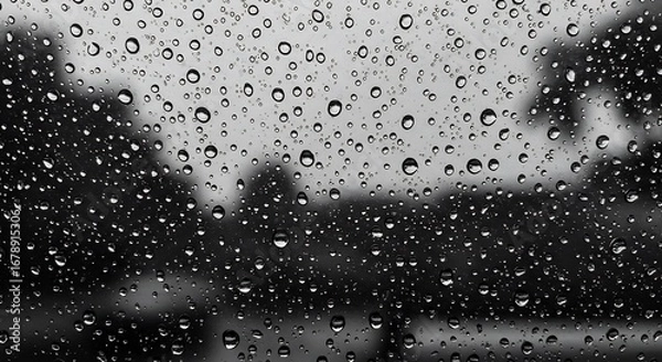 Fototapeta 雨上がりの窓ガラスに無数に輝く水滴、静謐な風景を映し出す