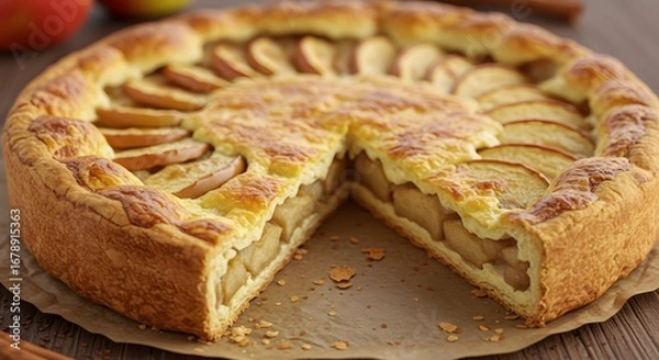 Fototapeta Golden Apple Pie with Cut Slice on Parchment Paper