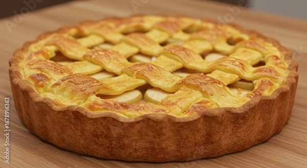 Fototapeta Golden Apple Pie with Lattice Crust on Wooden Table