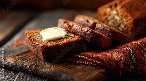 Obraz A warm banana bread slices with butter pad, terracotta napkin, wood and charcoal surfaces layered