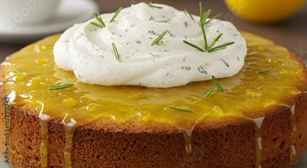 Fototapeta Golden Brown Cake with Cream Topping and Rosemary Sprigs