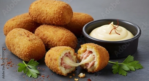 Fototapeta Golden Brown Croquette with Ham and Creamy Dip on Gray Background