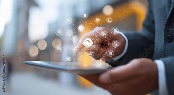 Obraz Businessman Interacting with a Futuristic Digital Interface on a Tablet.