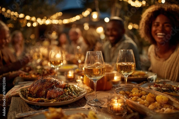 Fototapeta Joyful group of friends enjoying festive dinner outdoors, with table set with roasted chicken, vegetables, and wine glasses under string lights