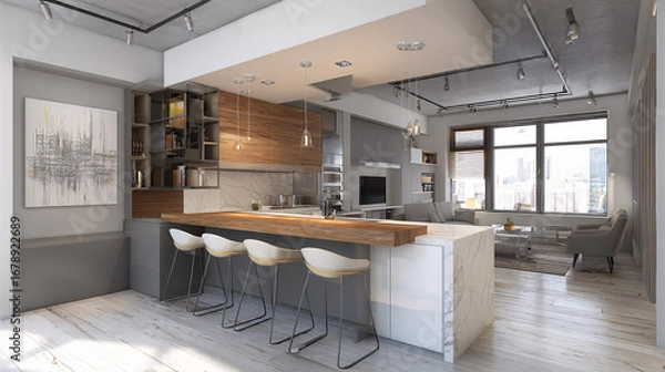 Obraz Minimalist open kitchen with breakfast bar