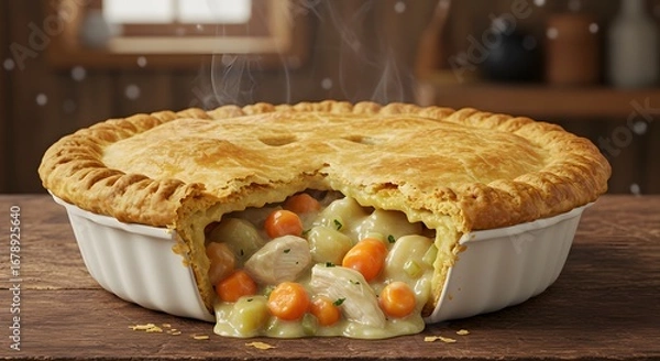Fototapeta Golden Chicken Pot Pie with Crust on Rustic Table in Warm Kitchen
