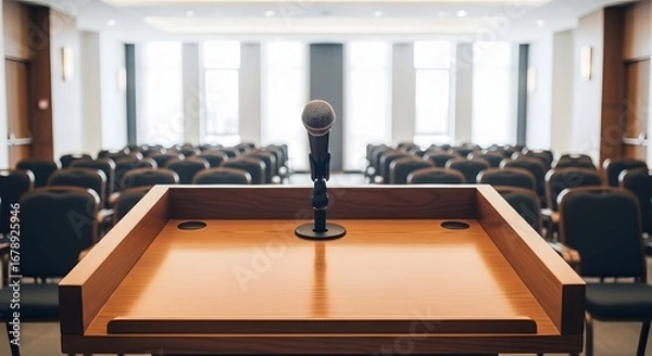 Obraz A microphone on a wooden podium in a large conference room with rows of empty chairs.