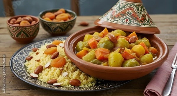 Fototapeta Golden Couscous with Colorful Stewed Vegetables and Almonds in Clay Tagine Pot on Rustic Wooden Table