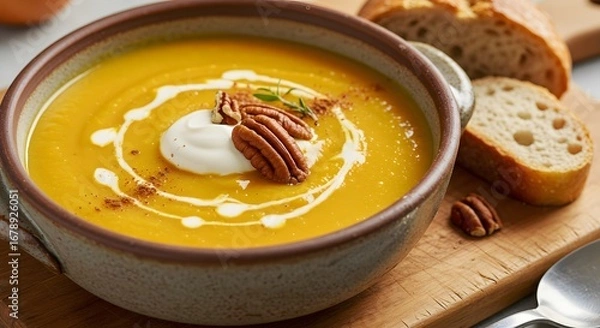 Fototapeta Golden Creamy Soup with Pecans and Bread on Wooden Board