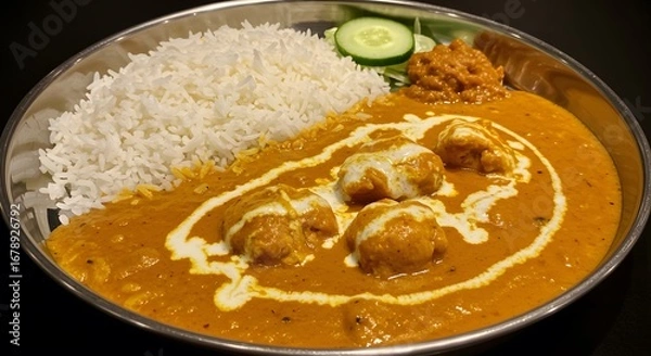 Fototapeta Golden Curry Dish with Rice and Fresh Cucumber Slice on Plate
