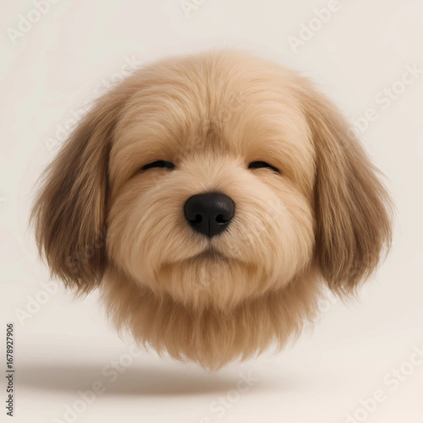 Fototapeta Adorable fluffy dog plush head, realistic 3D render isolated on beige, cute puppy toy face for kids.