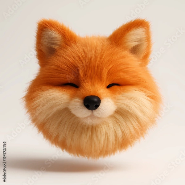 Fototapeta Cute fluffy fox plush head, realistic 3D animal render on beige background, charming soft toy face.
