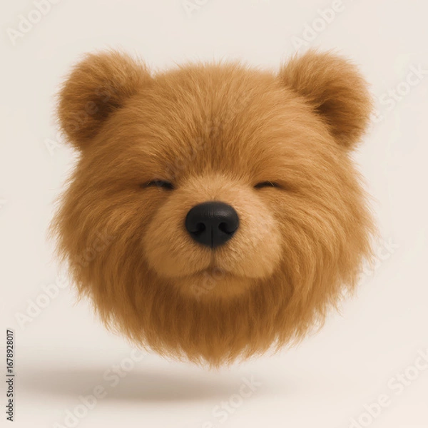 Fototapeta Cute 3D plush brown bear head with fluffy fur and smiling closed eyes, adorable animal render for children’s toys, design and art projects.