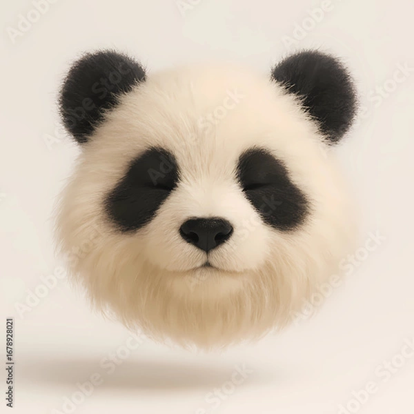 Fototapeta Realistic 3D plush panda head with fluffy fur and closed eyes, charming cute animal render for toys, kids design, and adorable graphics.