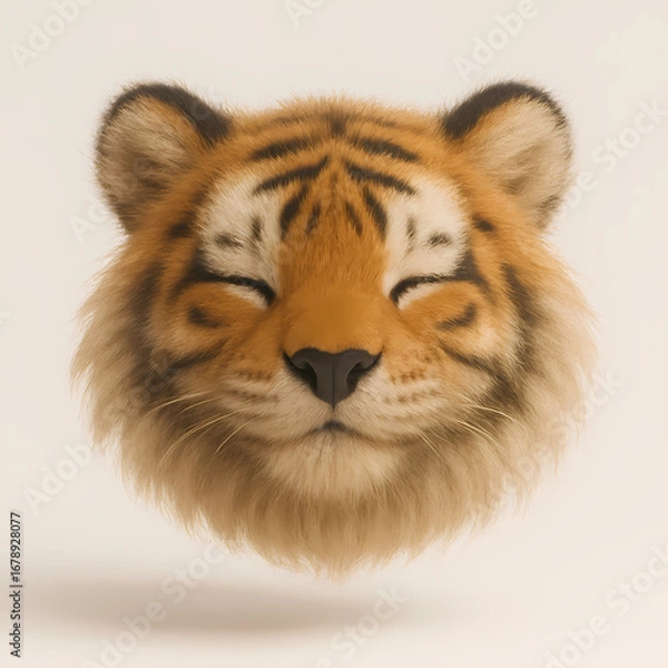 Fototapeta Cute 3D plush tiger head with soft fur and smiling closed eyes, adorable animal render perfect for toys, kids design, and digital art.