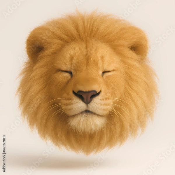 Fototapeta Ultra-realistic 3D plush lion head with soft fur and closed eyes, cute animal face render for toys, design, and adorable digital resources.